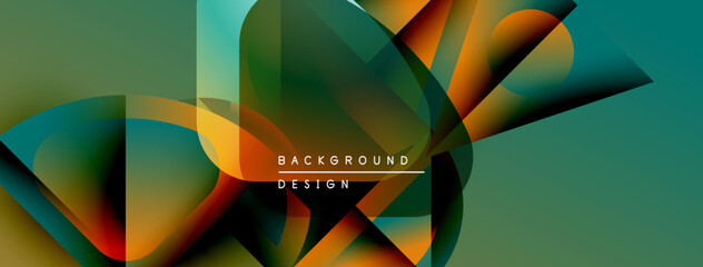 Fototapete - Abstract geometric shapes overlap, creating vibrant color gradients. Design features teal, orange, red hues. Modern background texture.