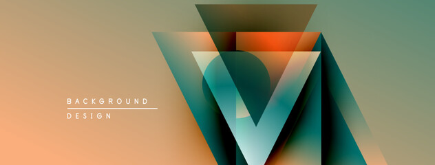 Fototapete - Abstract geometric design features overlapping triangles. Gradient colors blend orange, teal, brown creating modern visual effect. Text reads background design.