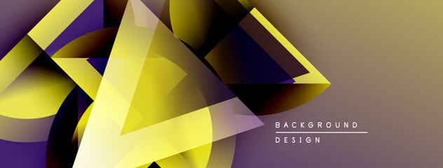 Fototapete - Abstract geometric shapes overlap, creating dynamic visual effect. Yellows, purples blend into gradient background. Modern design element.