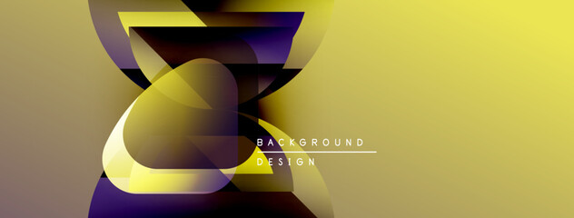 Poster - Abstract design features vibrant yellow, purple gradients. Geometric shapes overlap creating dynamic visual effect. Text reads background design.