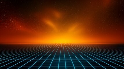 Wall Mural - a digital rendering of a glowing teal grid receding into a fiery orange sunset, evoking a retro futu