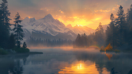 Poster - Serene sunset over mountains reflecting in a calm lake.