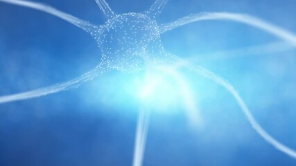 Wall Mural - neuron cell on glowing bright blue foggy light background.