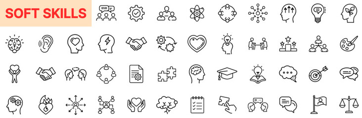 soft skills and personal growth line icon design featuring communication, leadership, emotional inte