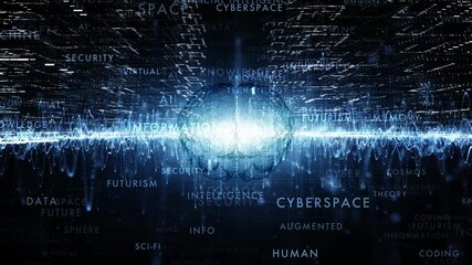 Wall Mural - abstract digital city cyberspace with human brain loop network background with concept word cloud an