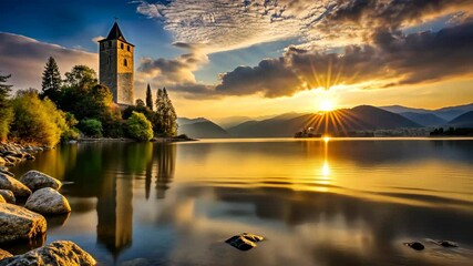 Wall Mural - Serene Sunset over Tranquil Lake with Majestic Tower Reflecting in Golden Waters