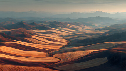 Poster - Vast undulating landscape under a soft sunset glow.