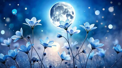 Wall Mural - Pale Blue Petals Reach for a Glimmering Moon in a Magical Night Garden