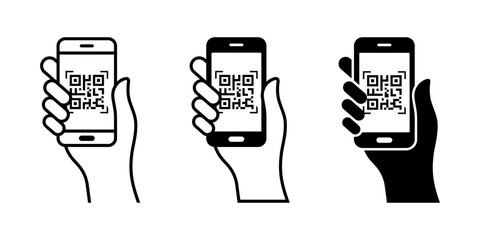qr code scan icon. mobile phone scanning qr code vector. hand holding a phone with a scanner symbol.