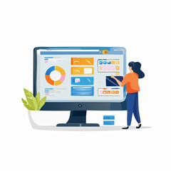 A flat-style vector showing a UI/UX designer working on mobile interface elements in a digital design environment.