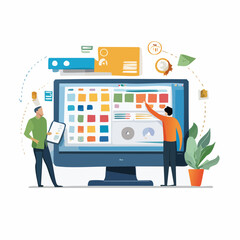 A flat-style vector showing a UI/UX designer working on mobile interface elements in a digital design environment.