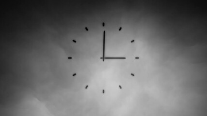 Wall Mural - analog loop time clock on black and white smoke motion background.