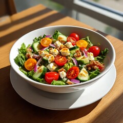 Poster - Fresh and Colorful Summer Salad with Tomatoes, Cucumber, Feta, and Red Onion in a White Bowl Bathed in Natural Light