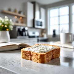 Poster - Toast with Cream Cheese on a Modern Countertop,  Morning Light Streams Through Kitchen Window, Offering Serene Breakfast Scene
