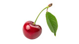 A vibrant red  sweet cherry with green leaf isolated on transparent background