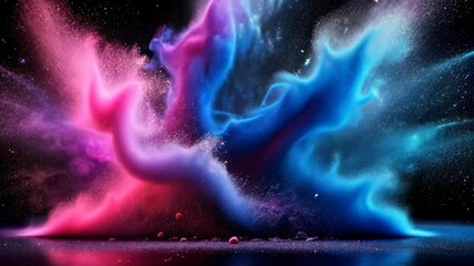 Wall Mural - pink and blue nebula dust clouds explode on dark background
