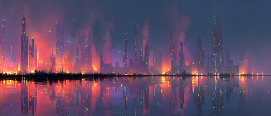 Poster - Vibrant city skyline reflected in water at sunset.
