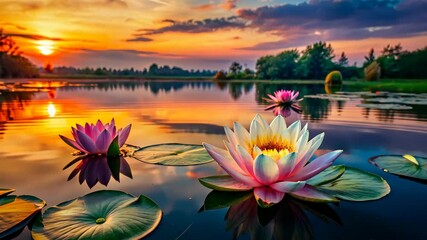 Wall Mural - Serene Sunset Pond with Blooming Water Lilies A Tranquil Nature Scene