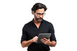 © The Stock Guy - Man with glasses using a digital tablet, focused for business or tech activity, isolated on transparent background