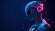 © taufiq - Futuristic robot head, glowing with neon light. Detailed robotic features