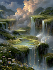 Fototapete - Surreal landscape with waterfalls and lush greenery under a cloudy sky.