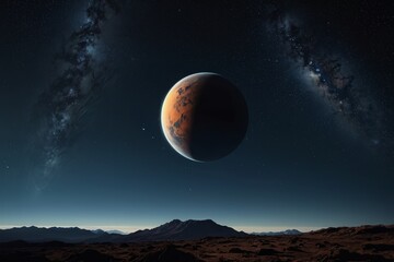 Wall Mural - starry sky with a planet and milky in the background