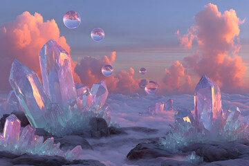 Poster - Surreal landscape of crystals and bubbles under colorful clouds.