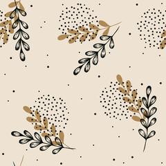 Wall Mural - Seamless pattern with leaves and dots. For wrapping paper. Ideal for wallpaper, surface textures, textiles.