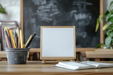 A white board sits on a wooden table next to a pencil holder and a notebook