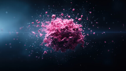Poster - Vibrant pink powder explosion suspended in mid air against dark background, creating dynamic and energetic visual effect. particles are finely detailed, showcasing motion and texture