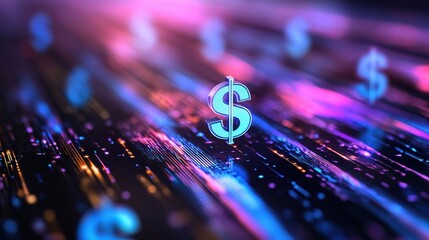 Wall Mural - Glowing dollar symbols rising in a virtual financial world with blue and purple abstract energy lines