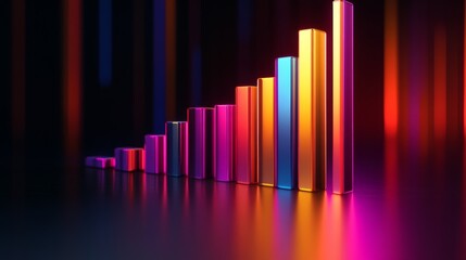 Leinwandbilder - A D-rendered financial bar graph with tall, colorful bars rising against a dark background, symbolizing upward financial growth and success