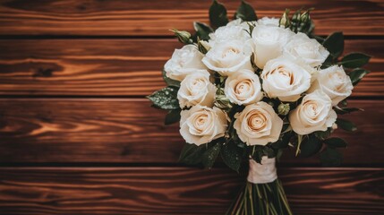 Poster - A bouquet of white roses with glistening water droplets, placed on a dark wooden surface for an elegant and classic feel