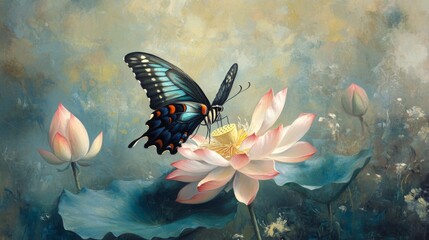 Aufkleber - A butterfly with iridescent wings gracefully perched on a blooming lotus flower in a tranquil garden.