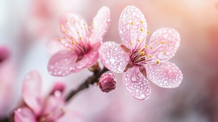 Poster - A close-up of a flower with drops of water on its soft, pink petals, glowing in natural light, adding a refreshing and calm atmosphere to the scene