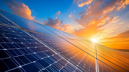 A close-up of a solar panel with water droplets on its surface, reflecting the sky above, symbolizing clean energy and environmental protection