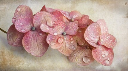 Poster - A delicate flower with water droplets on its petals, set against a soft pastel background, with the droplets sparkling in the natural sunlight