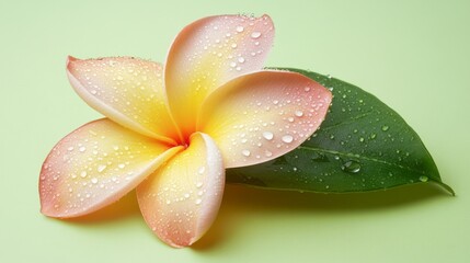 Poster - A delicate flower with water droplets on its petals, resting on a soft green background, with natural light illuminating the droplets for a fresh look