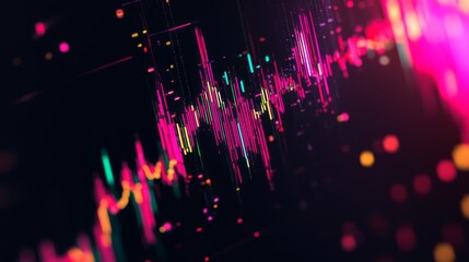 Fototapete - A futuristic financial graph in neon colors over a black background, with digital data points glowing, creating a high-tech aesthetic