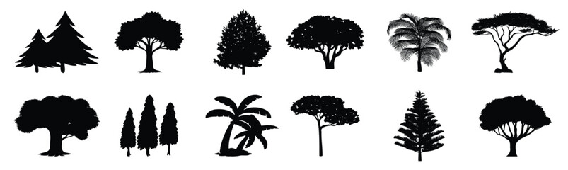 Different black tree silhouette collection. Tree silhouette isolated in black. Tree icons shadow