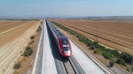 Poster - A high-speed train at full speed on a wide-open track, surrounded by empty fields and a clear horizon, emphasizing the train's swift motion