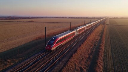 Poster - A high-speed train at full speed on a wide-open track, surrounded by empty fields and a clear horizon, emphasizing the train's swift motion