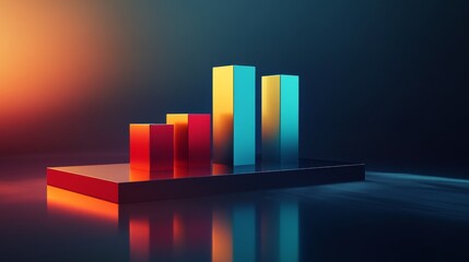 Fototapete - A modern D bar graph in vibrant colors on a dark gradient background, with reflections and shadows enhancing its professional and sleek look