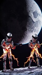 Wall Mural - two astronauts wearing silver spacesuits are playing electric guitar on the moon surface during a sp