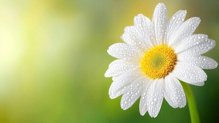 Poster - A single bright flower with dew-covered petals, set against a soft, blurred green background, highlighting the delicate water droplets