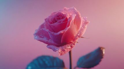 Poster - A single pink rose with water droplets on its petals, set against a blurred pastel background for a soft and romantic look