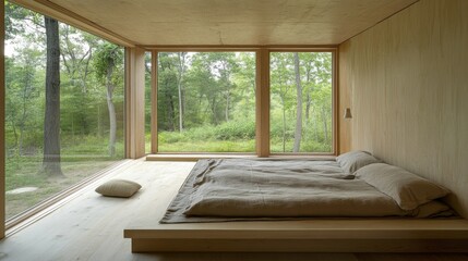 Aufkleber - A serene minimalist bedroom with an uncluttered space, featuring a simple bed with soft, neutral bedding, large windows, and light wooden accents