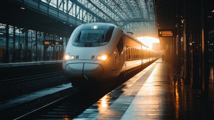 Poster - A sleek, futuristic high-speed train parked at a platform, with sunlight glistening off its surface, surrounded by modern station architecture