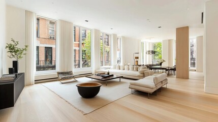 Poster - A spacious, modern minimalist living room with white walls, light wood flooring, and simple yet elegant furniture.