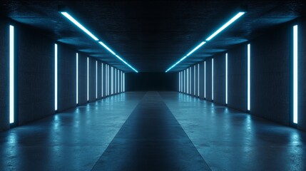 Aufkleber - A subway tunnel with glowing lights along the walls, creating a symmetrical path with parallel tracks and smooth concrete surfaces, leading to an unknown destination